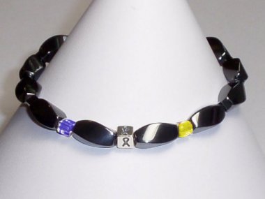 Down Syndrome Awareness (Unisex) Bracelet (Stretch) - Gray With Blue & Yellow Accent Cubes