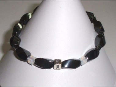 Lung Cancer/Lung Disease Awareness (Unisex) Bracelet (Stretch) - Gray With Pearl Accent Cubes