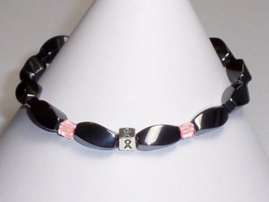 Breast Cancer Awareness (Unisex) Bracelet (Stretch) - Gray With Pink Accent Cubes