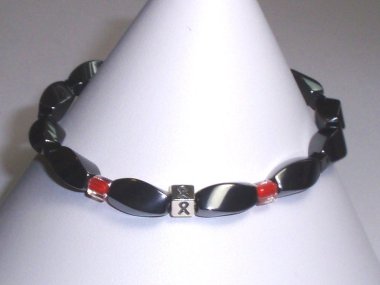 HIV/AIDS Awareness (Unisex) Bracelet (Stretch) - Gray With Red Accent Cubes