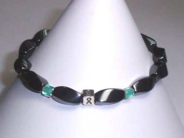 Ovarian Cancer Awareness (Unisex) Bracelet (Stretch) - Gray With Teal Accent Cubes