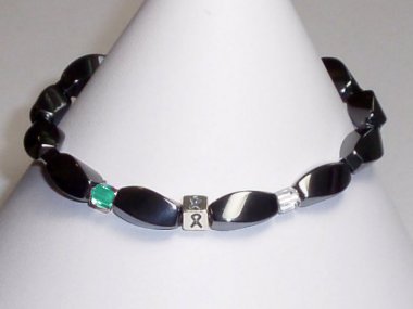 Cervical Cancer Awareness (Unisex) Bracelet (Stretch) - Gray With Teal & White Accent Cubes