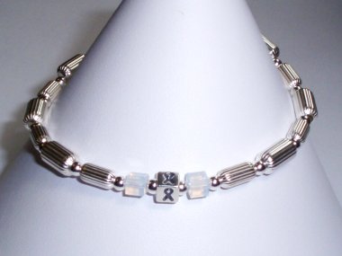 Lung Cancer/Lung Disease Awareness (Unisex) Bracelet - Sterling Silver With Pearl Accent Cubes
